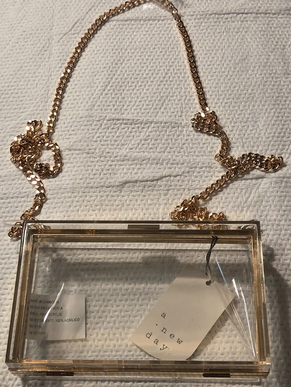 A New Day Clear Acrylic Box Bag with Gold Trim